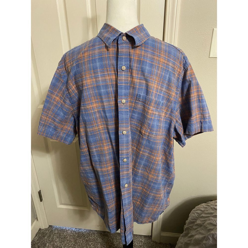 Rowm Men's Blue Orange Plaid Button-Down Shirt Casual Short Sleeve Xl